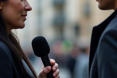 Jornalista segurando um microfone entrevistando uma pessoa